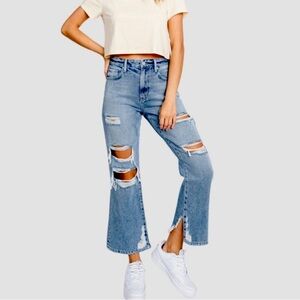 Petra 153 High Rise Cropped Kick Flare Destroyed Jeans With Uneven Raw Hem Sz 7